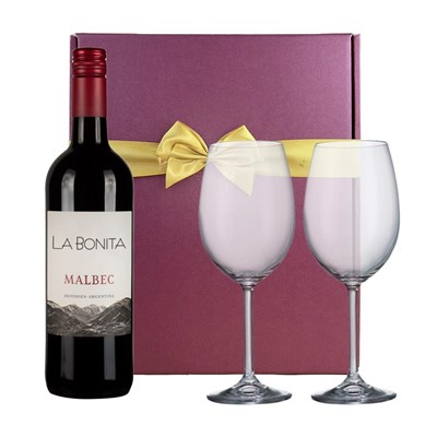 La Bonita Malbec 75cl Red Wine And Bohemia Glasses In A Gift Box